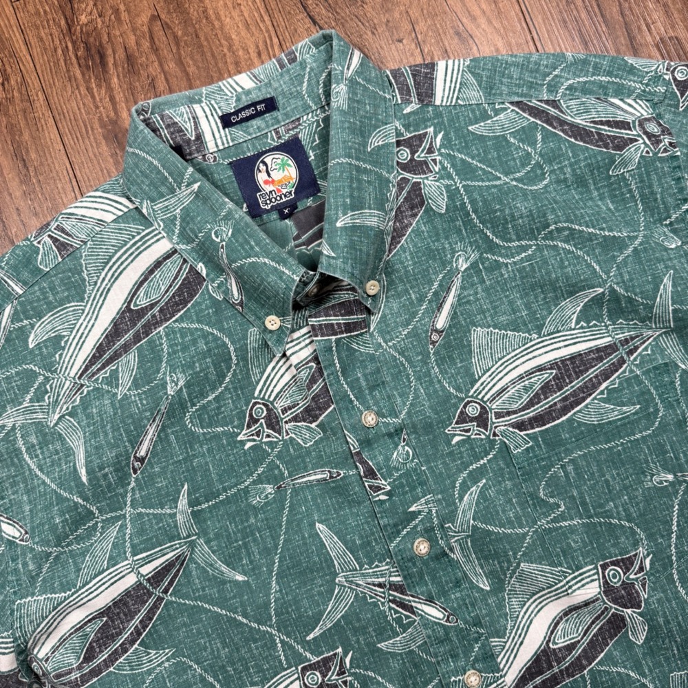 Reyn Spooner Hawaiian Shirt Mens XL Green Classic Fit Tuna Fish Fishing Reverse